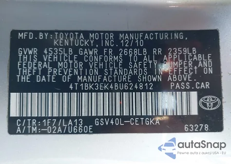 2011 Toyota Camry Xle V6 z USA, uszkodzony, nr VIN 4T1BK3EK4BU624812